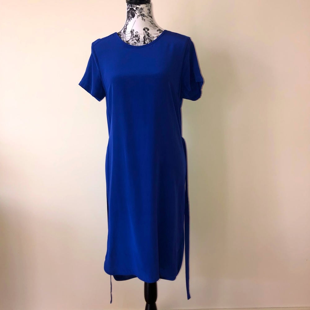 MARCS Cobalt Blue Dress 100% Silk Pullover Shift Tie Waist High Low Skirt Size M - Picture 11 of 16